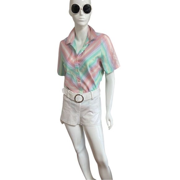 KILLER Vintage 1970s Pastel Rainbow Stripe Button Down Blouse - Picture 5 of 11